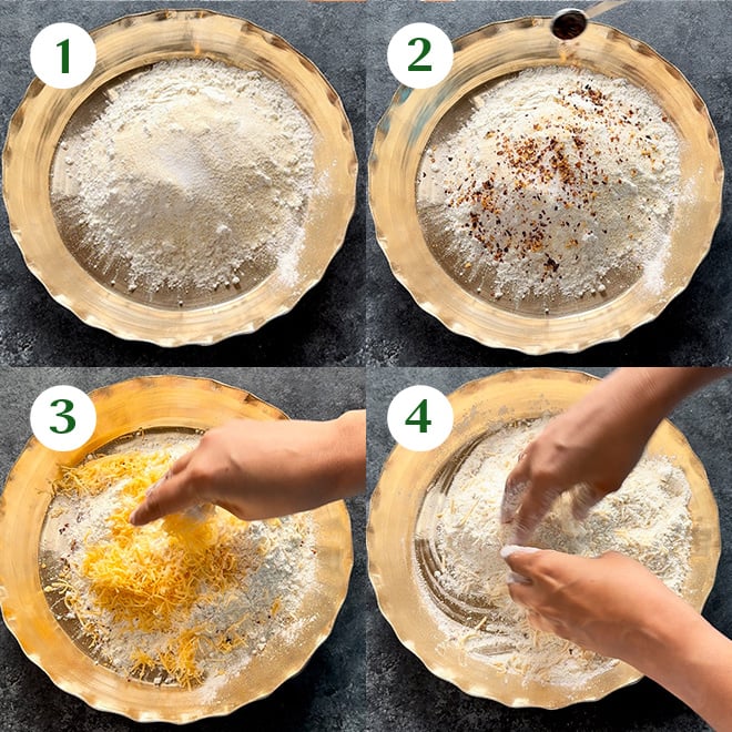 step by step picture collage of making chilli cheese namak pata