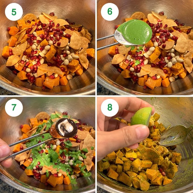 step by step picture collage of making sweet potato chaat